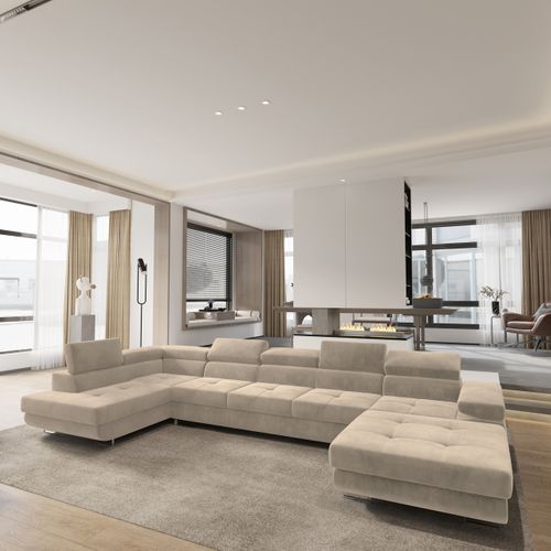 Canapé D'angle Toriva Crème En Velours Avec Fonction De Couchage