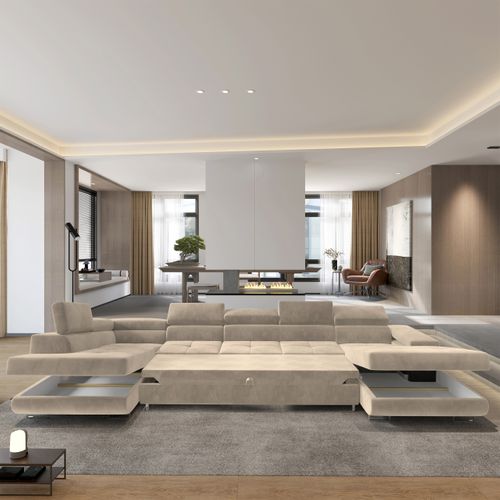 Canapé D'angle Toriva Crème En Velours Avec Fonction De Couchage