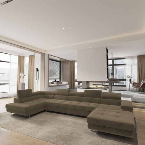 Canapé D'angle Toriva Beige En Velours Avec Fonction De Couchage