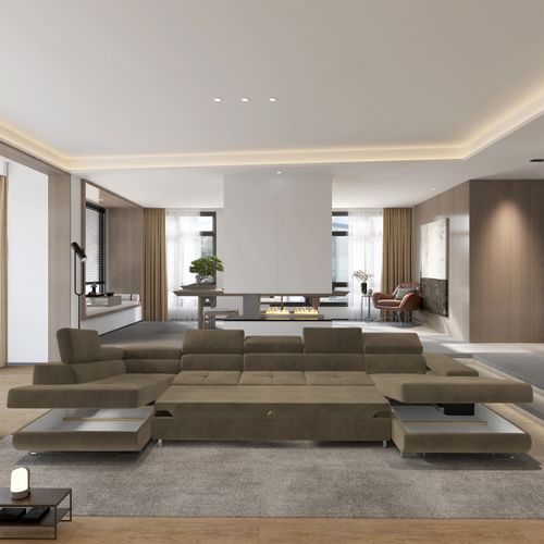 Canapé D'angle Toriva Beige En Velours Avec Fonction De Couchage