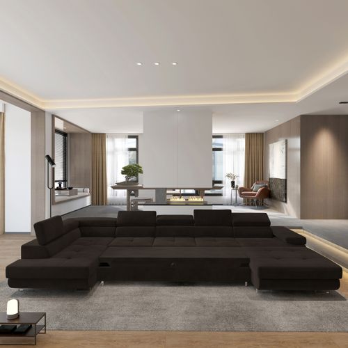 Canapé D'angle Toriva Marron En Velours Avec Fonction De Couchage