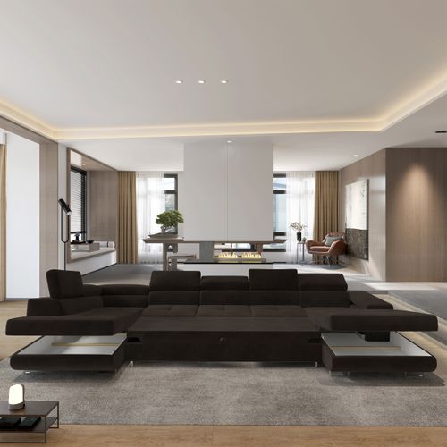 Canapé D'angle Toriva Marron En Velours Avec Fonction De Couchage