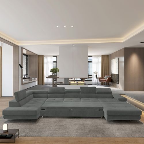 Canapé D'angle Toriva Gris En Velours Avec Fonction De Couchage