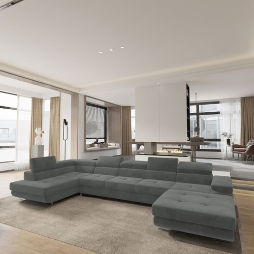 Canapé D'angle Toriva Gris En Velours Avec Fonction De Couchage