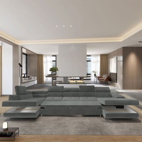 Canapé D'angle Toriva Gris En Velours Avec Fonction De Couchage