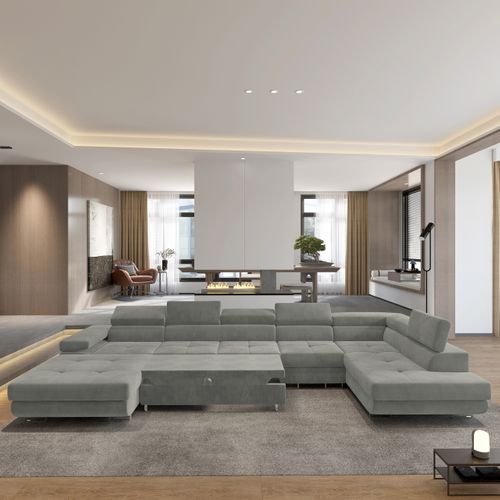 Canapé D'angle Velora Gris Clair En Velours Avec Fonction De Couchage