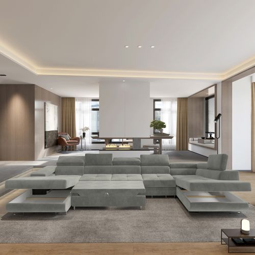 Canapé D'angle Velora Gris Clair En Velours Avec Fonction De Couchage