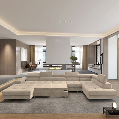 Canapé D'angle Velora  Crème En Velours Avec Fonction De Couchage