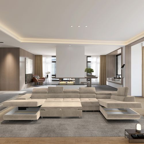 Canapé D'angle Velora  Crème En Velours Avec Fonction De Couchage