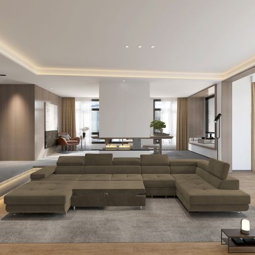 Canapé D'angle Velora  Beige En Velours Avec Fonction De Couchage