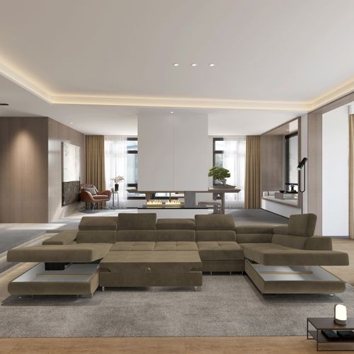 Canapé D'angle Velora  Beige En Velours Avec Fonction De Couchage