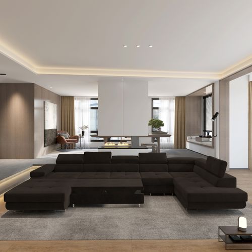 Canapé D'angle Velora Marron En Velours Avec Fonction De Couchage