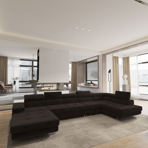 Canapé D'angle Velora Marron En Velours Avec Fonction De Couchage