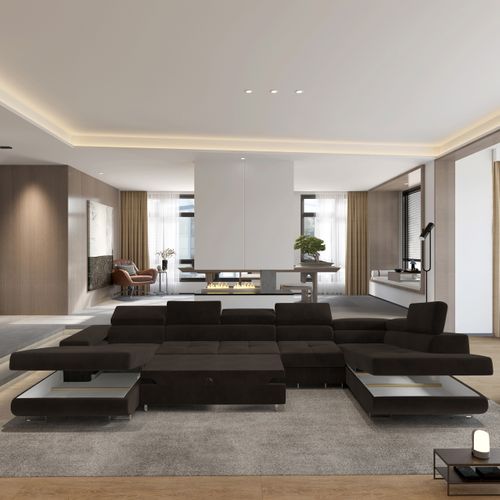 Canapé D'angle Velora Marron En Velours Avec Fonction De Couchage