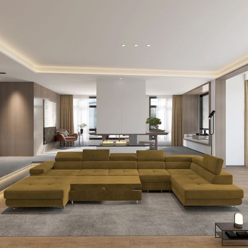 Canapé D'angle Velora Jaune En Velours Avec Fonction De Couchage