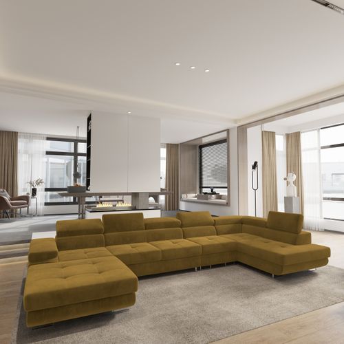 Canapé D'angle Velora Jaune En Velours Avec Fonction De Couchage