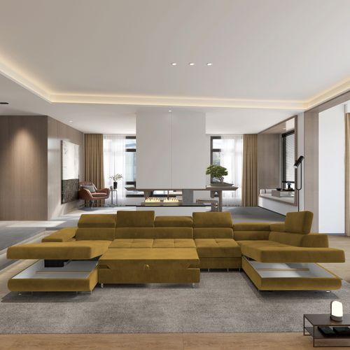 Canapé D'angle Velora Jaune En Velours Avec Fonction De Couchage