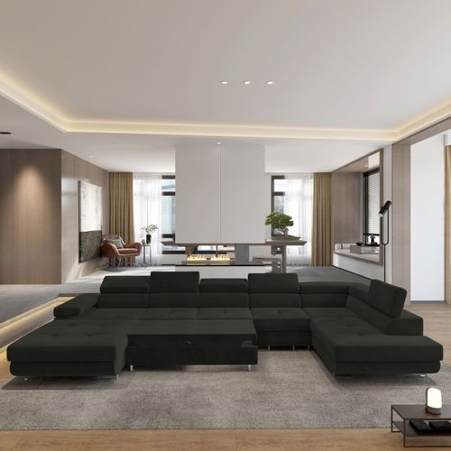 Canapé D'angle Velora  Noir En Velours Avec Fonction De Couchage