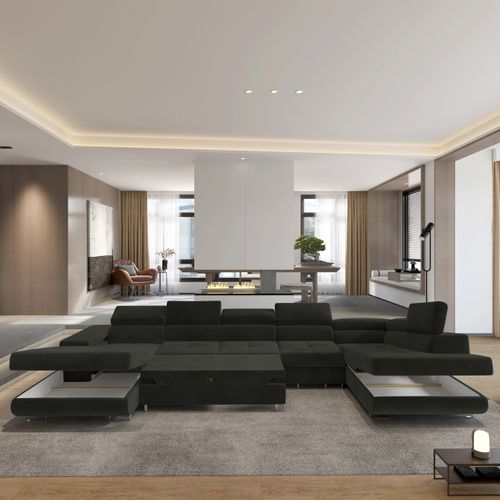 Canapé D'angle Velora  Noir En Velours Avec Fonction De Couchage