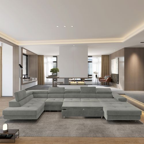 Canapé D'angle Velora Gris Clair En Velours Avec Fonction De Couchage