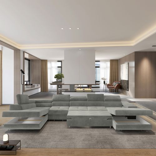 Canapé D'angle Velora Gris Clair En Velours Avec Fonction De Couchage