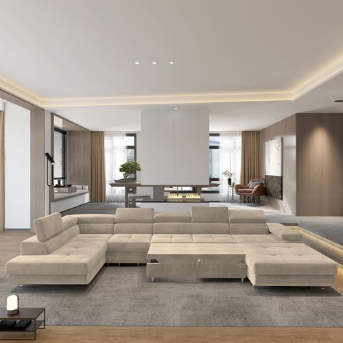 Canapé D'angle Velora  Crème En Velours Avec Fonction De Couchage