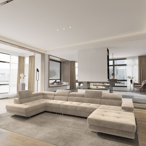 Canapé D'angle Velora  Crème En Velours Avec Fonction De Couchage