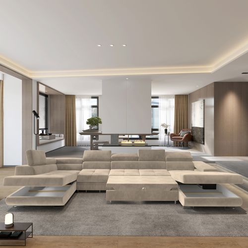 Canapé D'angle Velora  Crème En Velours Avec Fonction De Couchage