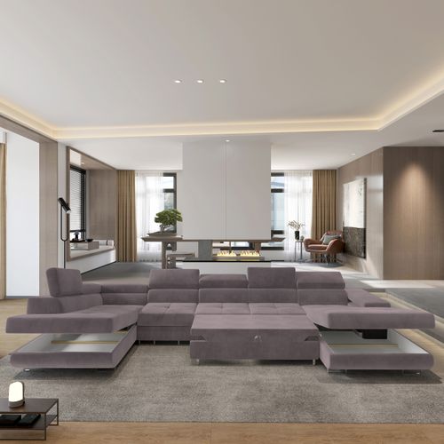 Canapé D'angle Velora Violet En Velours Avec Fonction De Couchage