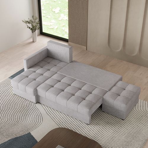 Canapé D'angle Lumari Gris Clair En Tissu Texturé Avec Fonction De Couchage