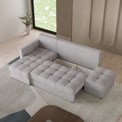 Canapé D'angle Lumari Gris Clair En Tissu Texturé Avec Fonction De Couchage