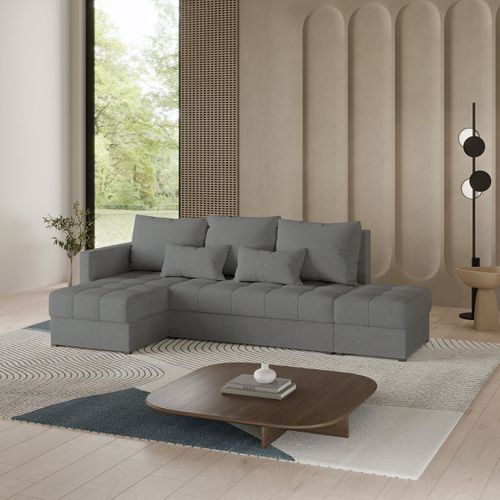 Canapé D'angle Lumari Gris En Tissu Texturé Avec Fonction De Couchage