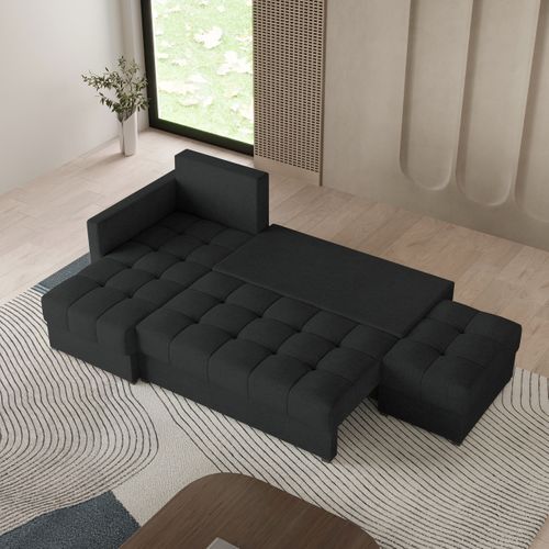 Canapé D'angle Lumari Noir En Tissu Texturé Avec Fonction De Couchage