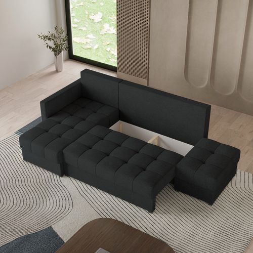 Canapé D'angle Lumari Noir En Tissu Texturé Avec Fonction De Couchage