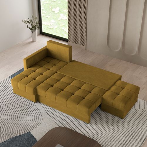 Canapé D'angle Lumari Jaune En Peluche Avec Fonction De Couchage