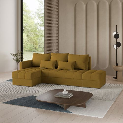 Canapé D'angle Lumari Jaune En Peluche Avec Fonction De Couchage
