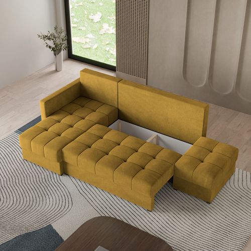 Canapé D'angle Lumari Jaune En Peluche Avec Fonction De Couchage
