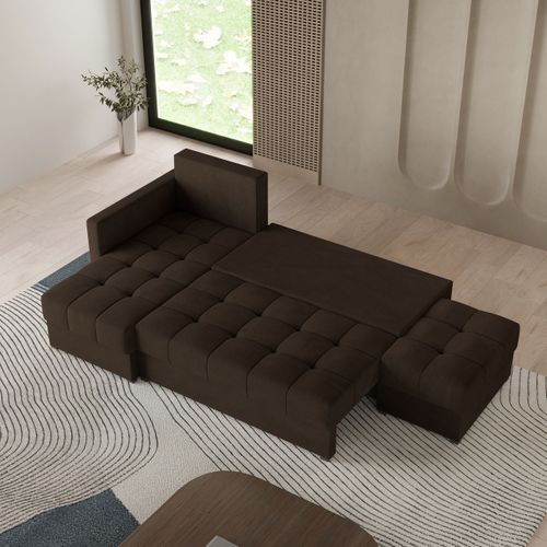 Canapé D'angle Lumari Marron En Peluche Avec Fonction De Couchage