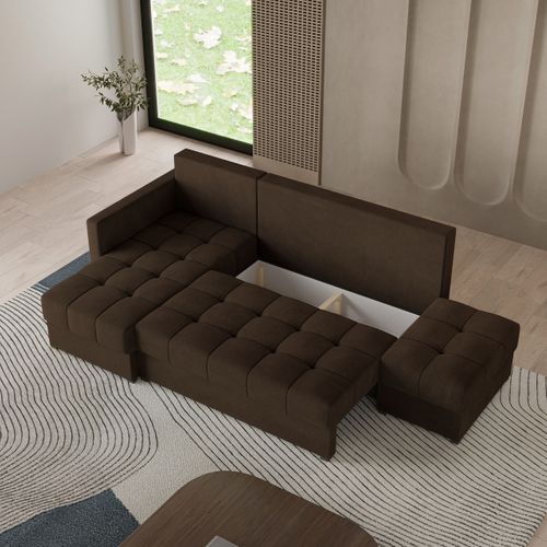 Canapé D'angle Lumari Marron En Peluche Avec Fonction De Couchage