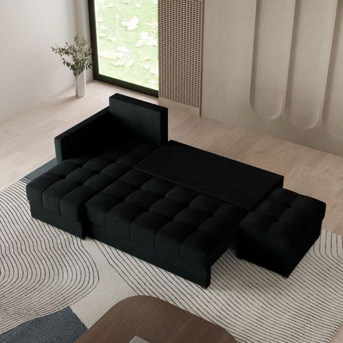 Canapé D'angle Lumari Noir En Peluche Avec Fonction De Couchage