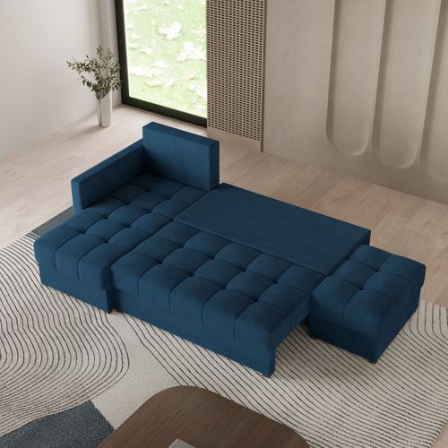 Canapé D'angle Lumari Bleu En Peluche Avec Fonction De Couchage