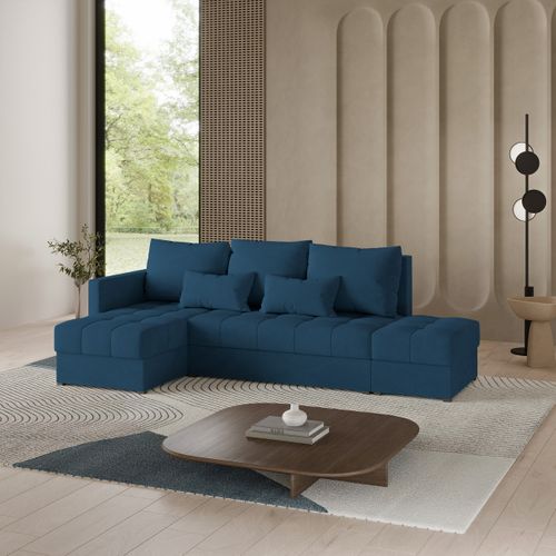 Canapé D'angle Lumari Bleu En Peluche Avec Fonction De Couchage