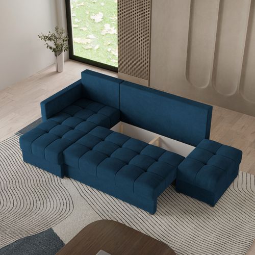 Canapé D'angle Lumari Bleu En Peluche Avec Fonction De Couchage