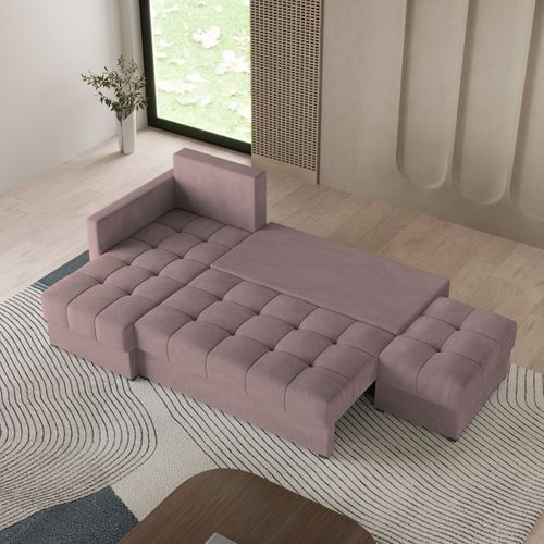 Canapé D'angle Lumari Rose En Peluche Avec Fonction De Couchage