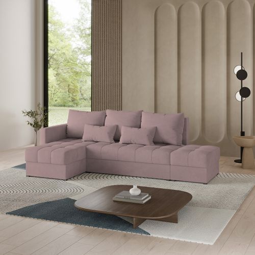 Canapé D'angle Lumari Rose En Peluche Avec Fonction De Couchage