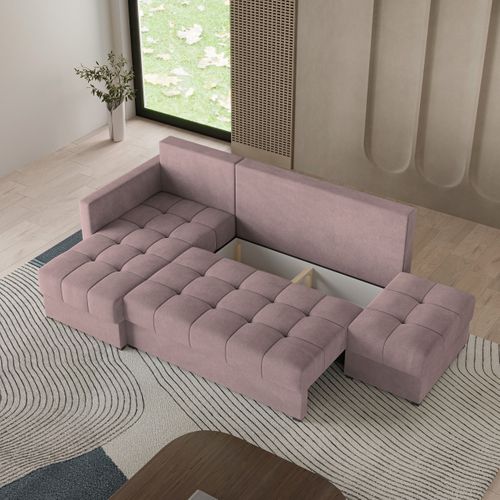 Canapé D'angle Lumari Rose En Peluche Avec Fonction De Couchage