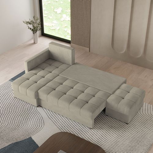 Canapé D'angle Lumari Beige En Peluche Avec Fonction De Couchage