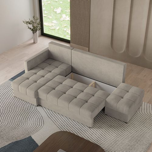 Canapé D'angle Lumari Beige En Peluche Avec Fonction De Couchage