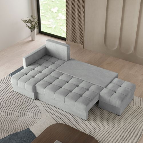Canapé D'angle Lumari Gris Clair En Peluche Avec Fonction De Couchage