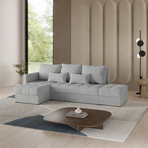 Canapé D'angle Lumari Gris Clair En Peluche Avec Fonction De Couchage
